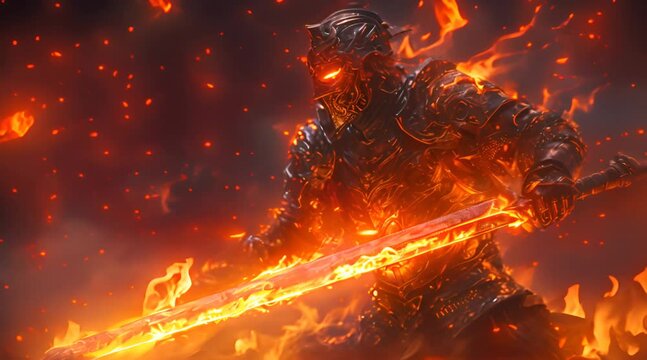 Warrior in heavy plate armor strenghtened by the power of a magical flaming sword