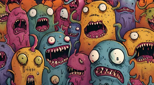 A group of angry and adorable colorful cartoon monsters