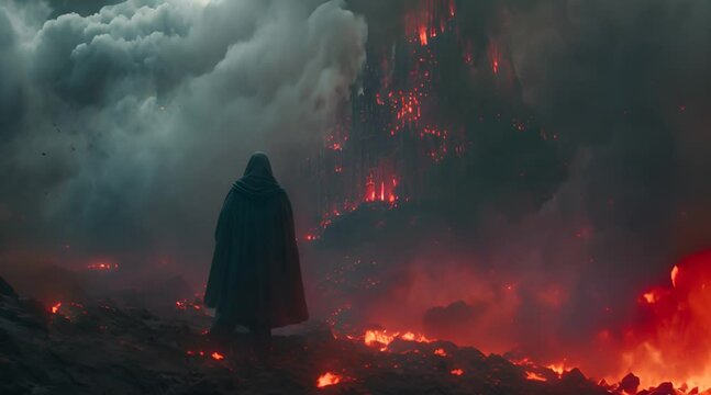 Lone wanderer arrives to the fire infused evil castle with a molten lava river around it