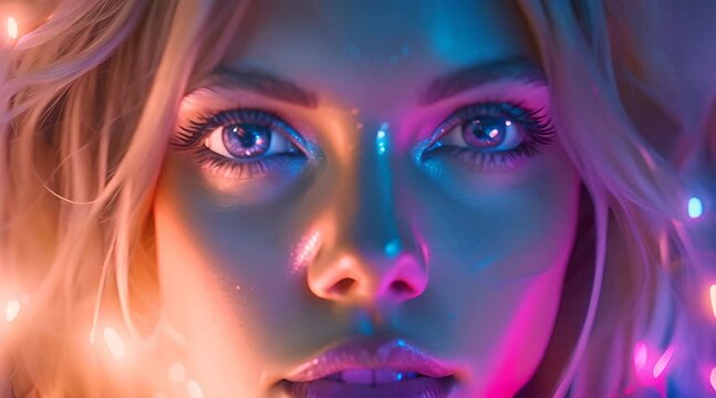 Close-up of the a beautiful blue eyed, blonde haired model with freckles and big lips