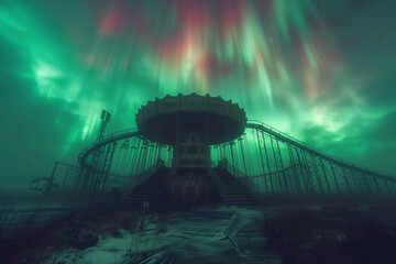 an auroral light is in the sky over a large bridge