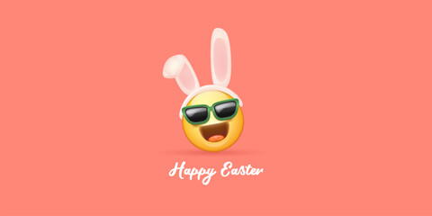 Happy easter funny horizontal banner with cartoon 3d smile face with rabbit ears and sunglasses isolated on pink background. Vector 3d square happy eater poster, flyer, banner, label and background