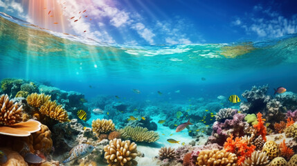 Underwater view of a colorful sea coral reef with fishes. Ocean ecosystem. Generative AI