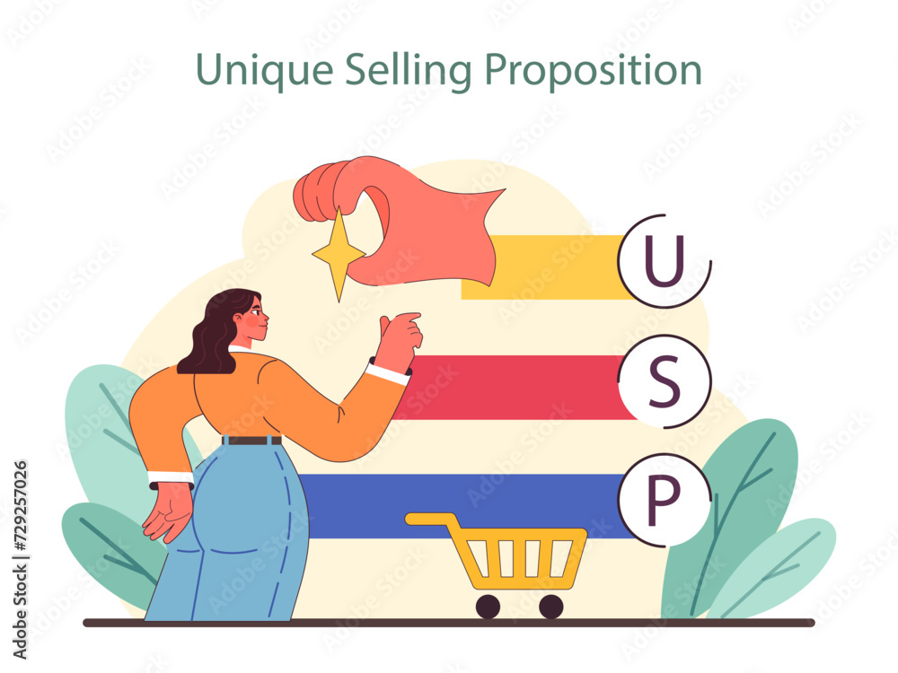 Poster unique selling proposition concept. highlights the process of defining standout features in a compet