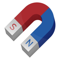 Vector illustration of 3D volumetric horseshoe shaped magnet in red and blue color with gray tips, silver ends, on white background with glares, highlights and inscriptions of poles