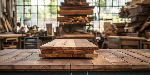 Wooden planks neatly stacked on workbench in a bustling woodworking studio - obrazy, fototapety, plakaty