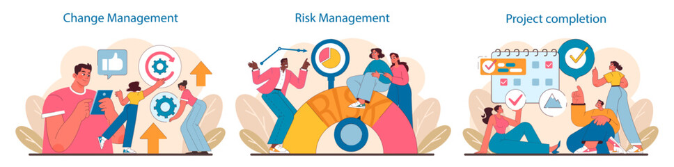 Project lifecycle set. Adaptive strategies in change management, proactive risk assessment, and celebratory project completion. Essential phases for IT project success. Flat vector illustration. - obrazy, fototapety, plakaty