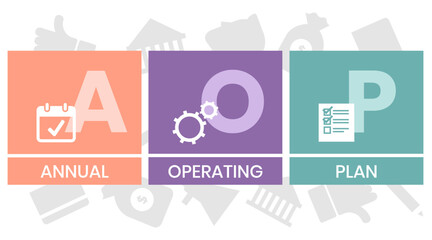 AOP, Annual Operating Plan. Concept with keywords, people and icons. Flat vector illustration. Isolated on white background.