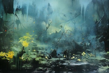Abstract painting on canvas of fantasy landscape with trees and plants