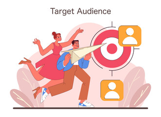 Target Audience concept. Dynamic duo in motion aiming for the marketing bullseye. Strategic customer focus and precise market targeting. Flat vector illustration
