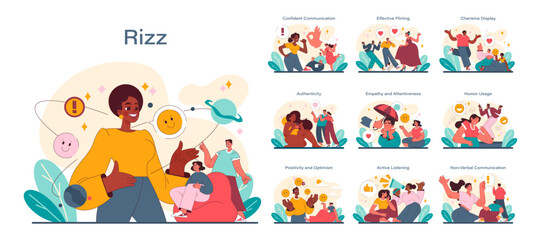 Rizz concept set. Expressive scenes of social interaction and self-presentation. Confidence, charm, and humor in communication. Diverse characters engaging in dialogue and connection. Vector.