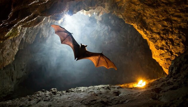 A bat flying in the dark cave, scary animal