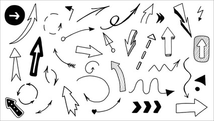 Collection of Hand-Drawn Arrows and Doodles on White Background Illustrating Various Directions and Movements