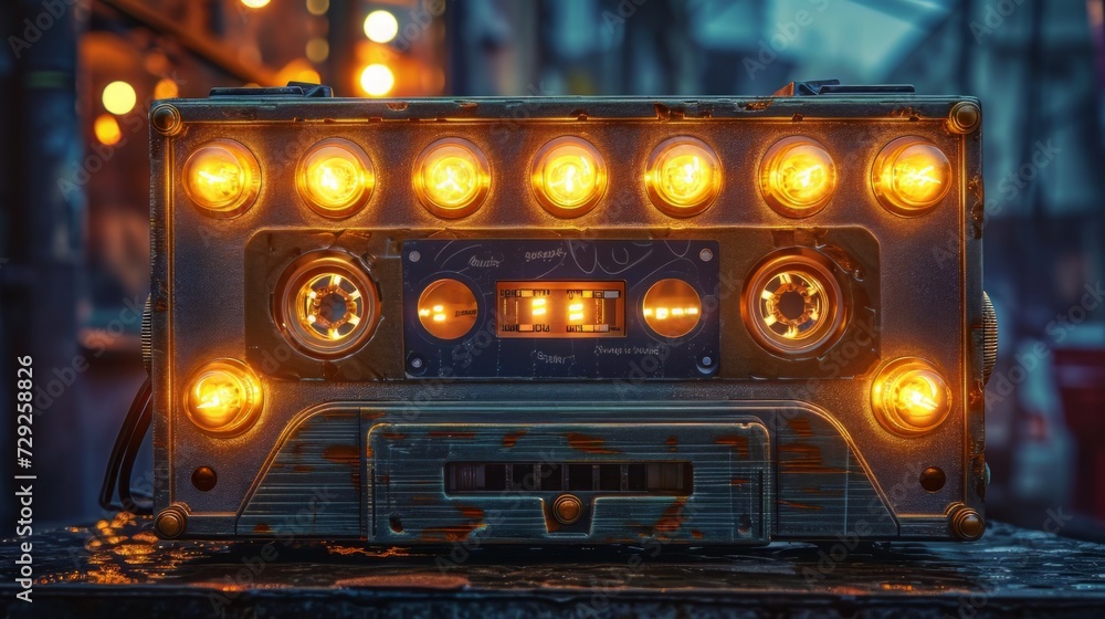 Poster old-fashioned cassette player adorned with rows of softly glowing light bulbs, infusing a vintage ch