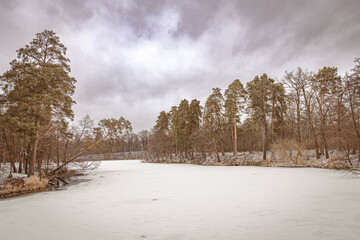 Winter forest landscape around a frozen lake. Winter lake. Nature of Ukraine. Forest landscape. A picturesque city park. Snowy weather. Outdoor recreation. Winter picture.