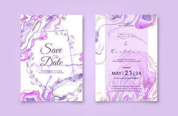 Beautiful wedding invitation card with abstract watercolor background and golden line art. Luxury pink and purple alcohol ink painting background