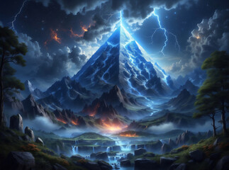 A blue pyramid in an epic landscape - obrazy, fototapety, plakaty