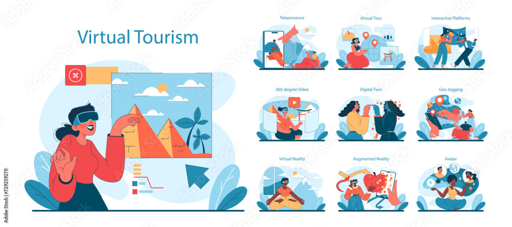 Poster virtual tourism set. exploring ancient wonders to modern cities via immersive tech. virtual reality 