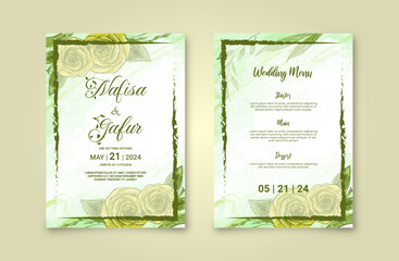 Beautiful wedding invitation card with rose flower watercolor background. Abstract floral invitation template
