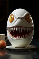 3d illustration of a smiling egg with big teeth on the background