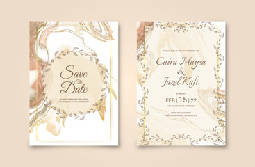 Elegant wedding invitation card with abstract watercolor background and golden line art. Alcohol ink painting background