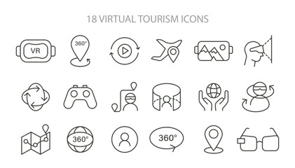Comprehensive set of Virtual Tourism icons, capturing the essence of VR, 360-degree views, and navigation in digital exploration. Vector illustration. - obrazy, fototapety, plakaty