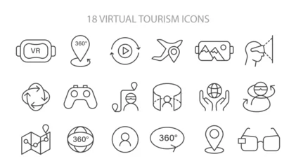 Tapeten Comprehensive set of Virtual Tourism icons, capturing the essence of VR, 360-degree views, and navigation in digital exploration. Vector illustration. © inspiring.team