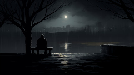 Lonely person sitting on a bench looking at a city and a river - obrazy, fototapety, plakaty