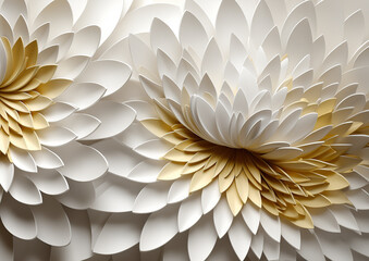 White and light gold flower, paper cut style. White paper cut background, white and gold wallpaper GenerativeAI, Buddhism wallpaper