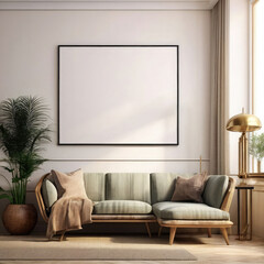 Beige Elegance in 3D Living Room Mockup Sofa and Blank Frame Design
