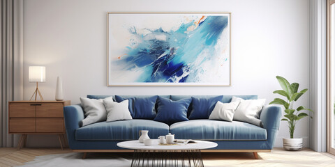 Interior of a modern living room with blue sofa, modern living room with blue sofa against white wall and art poster frame
