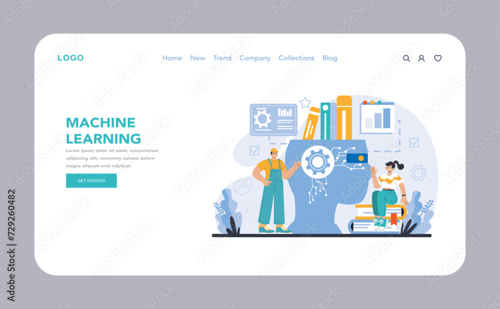 Poster ai model web or landing page. interactive depiction of the machine learning process with human eleme