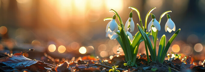 Snowdrop Serenity: Delicate White Blossom amidst Fresh Green Leaves on a Sunny Winter Morning. - Powered by Adobe