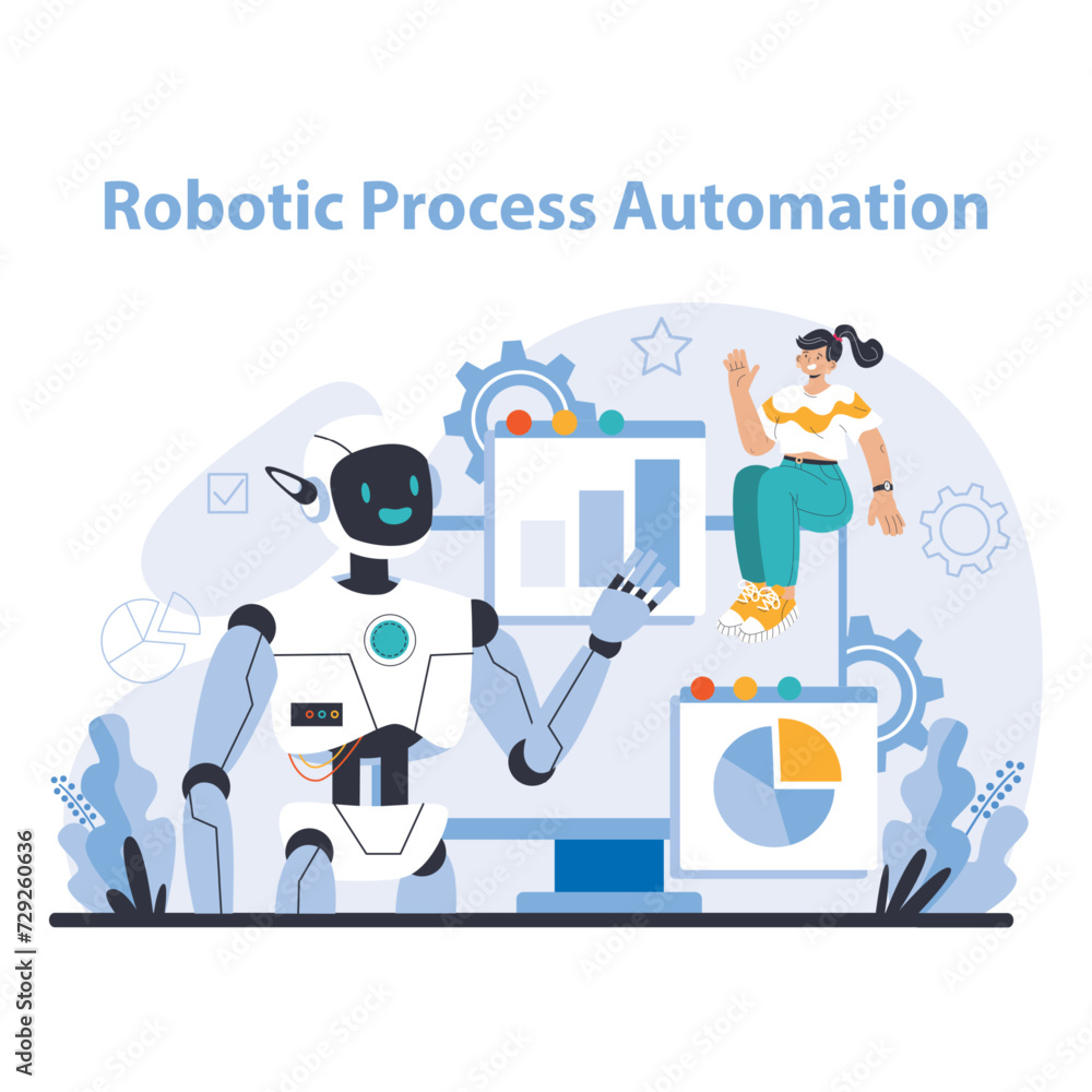 Poster robotic process automation concept. depicts ai-driven efficiency in business operations. simplifies 