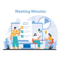 Meeting minutes concept. Detailed recording of discussions and decisions in a corporate environment. Efficient documentation and follow-up. Flat vector illustration.