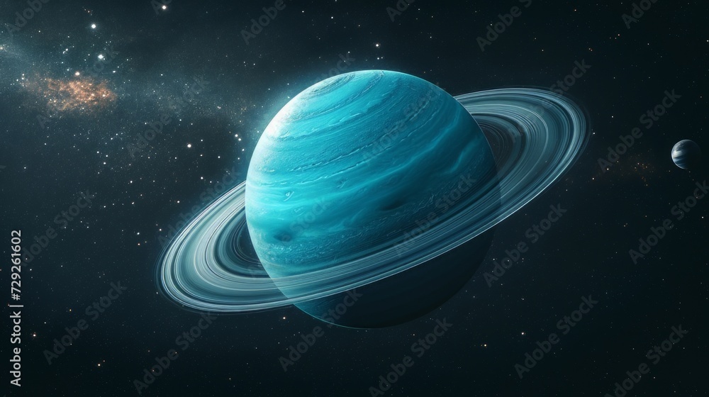 Poster photo concept of uranus, emphasizing its axial tilt and rings from a tilted perspective generative a