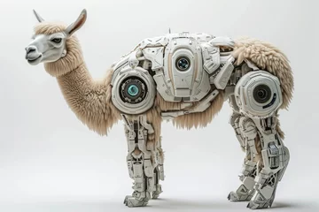 Foto op Canvas Photo concept of a cybernetically enhanced alpaca with robotic parts and technological augmentations, set against a plain white backdrop Generative AI © vadosloginov
