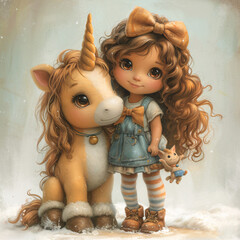 Cute girl with curly hair with a shiny bow, in a menthol T-shirt with strawberries, skirt with pockets, striped tights and shoes with clasps, hugging a big Cute unicorn