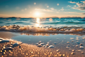 Obraz premium Golden Sunset on Seashore with Waves