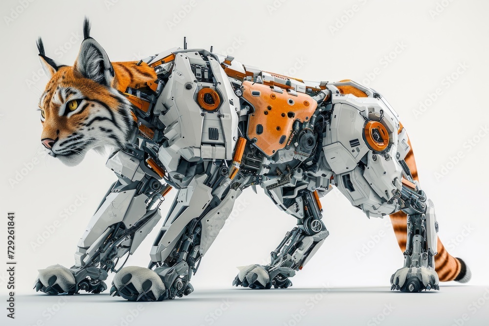 Aufkleber Photo concept of a cybernetically enhanced lynx with robotic parts and technological augmentations, set against a plain white backdrop Generative AI