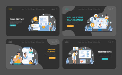 Comprehensive Internet Services night or dark mode web or landing page set. Email, event planning, forums, and telemedicine illustrated. Connectivity for modern life. Flat vector illustration.
