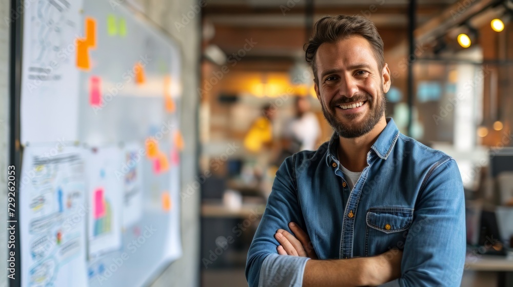 Poster photo concept of a man in an office, standing near a whiteboard, smiling and collaborating on a proj