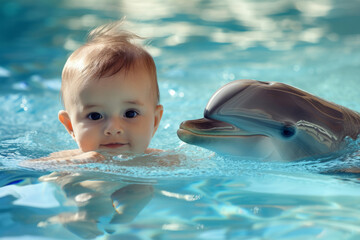 boy with a dolphin swimming in the pool.