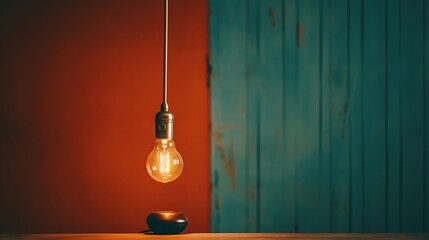 Edison light bulb hanging against an orange and blue background. Vintage lighting and interior design concept for design and print. Minimalistic style composition with copy space
