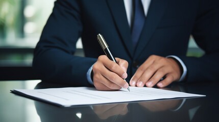 Businessman signing contract. Close-up shot of hands writing on paper. Corporate business and agreement concept for design and print. High-detail photography with focus on pen and signature