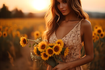 Woman in sunflower field holding bouquet of sunflowers