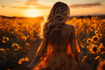 Woman walking down sunflower field in summer sunset