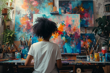 Womain painting on canvas, art and creativity concept 