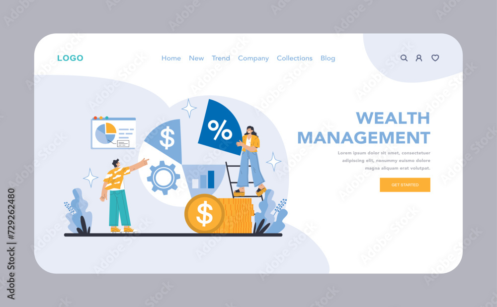Poster wealth management web or landing page. optimizing financial health with strategic investment analysi