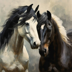 Two black&white beautiful horses plaing, very dynamic, oil paint.